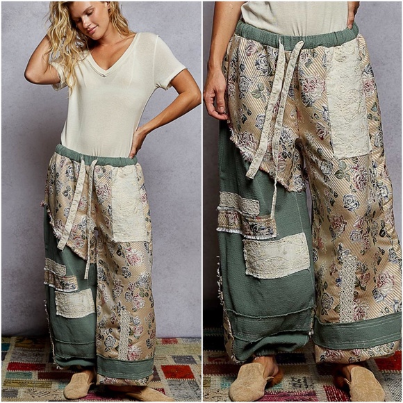 POL Floral Print Patchwork Stretchy Waist Color Block Jogger pants - Picture 1 of 3